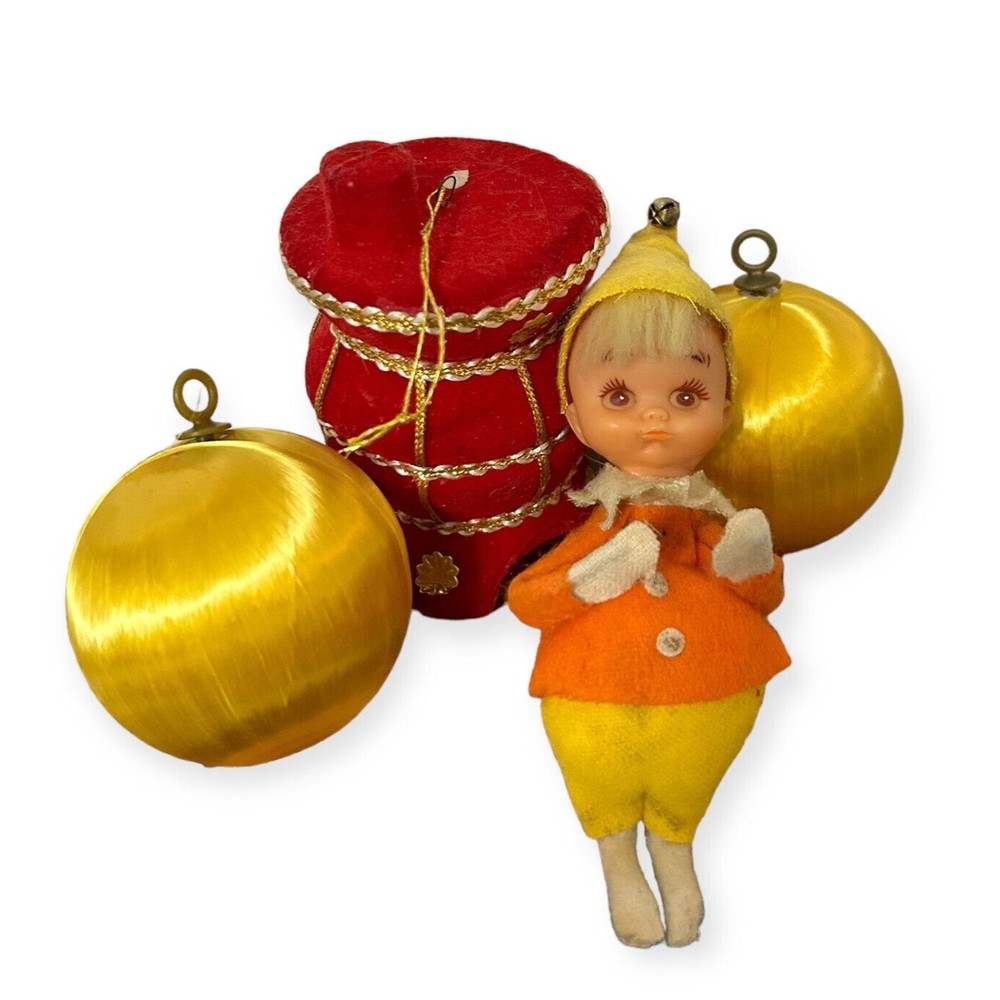 VTG Christmas Elf Pixie Felted Pot Belly Satin Gold Ball Ornaments Lot Japan